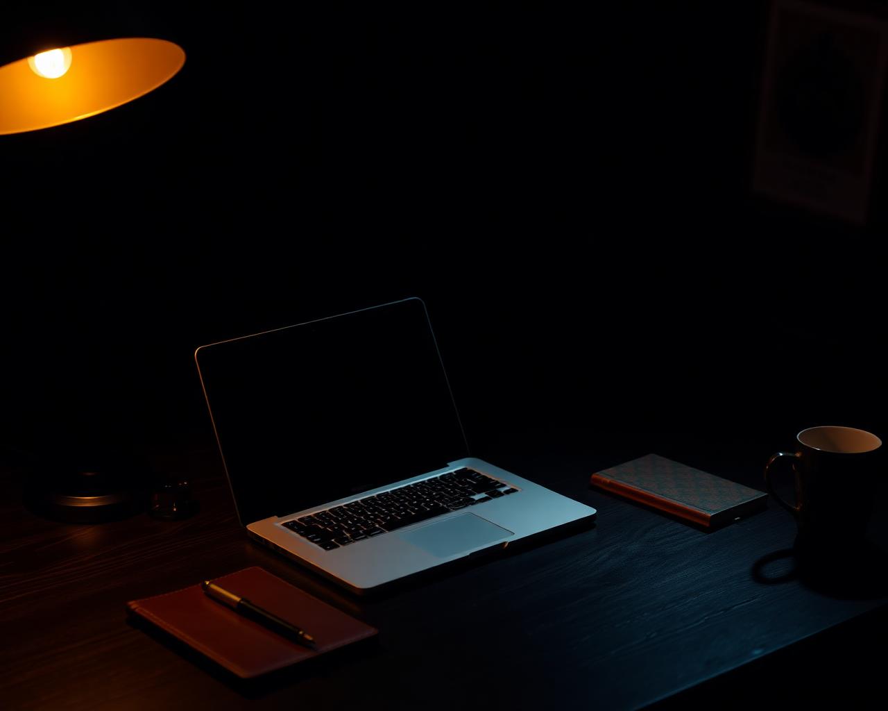 A late-night workspace lit by warm light